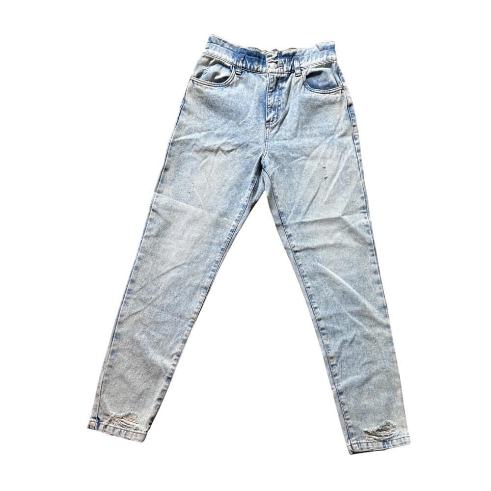 High Rise Light Wash Mom Jeans Elastic Paperbag Waist Distressed Tapered Blue